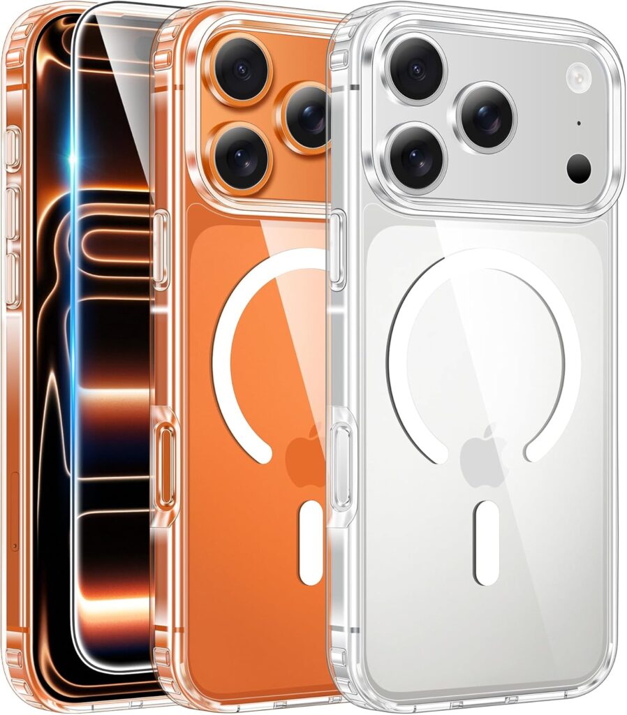 قاب شفاف مغناطیسی FNTCASE برای iPhone 17 Pro Max با محافظ صفحه، طراحی ضد زرد شدن و پشتیبانی از مگسیف