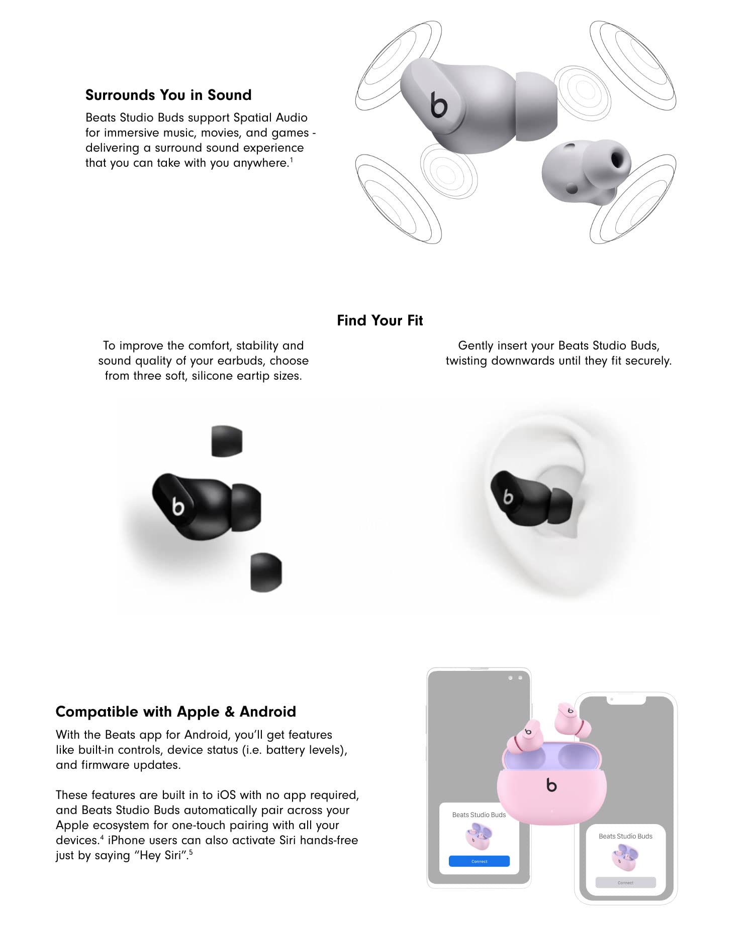 هدفون Beats Studio Buds سفید با قابلیت Spatial Audio و صدای فراگیرسری‌های سیلیکونی قابل تعویض Beats Studio Buds در اندازه‌های مختلفهمراه با 