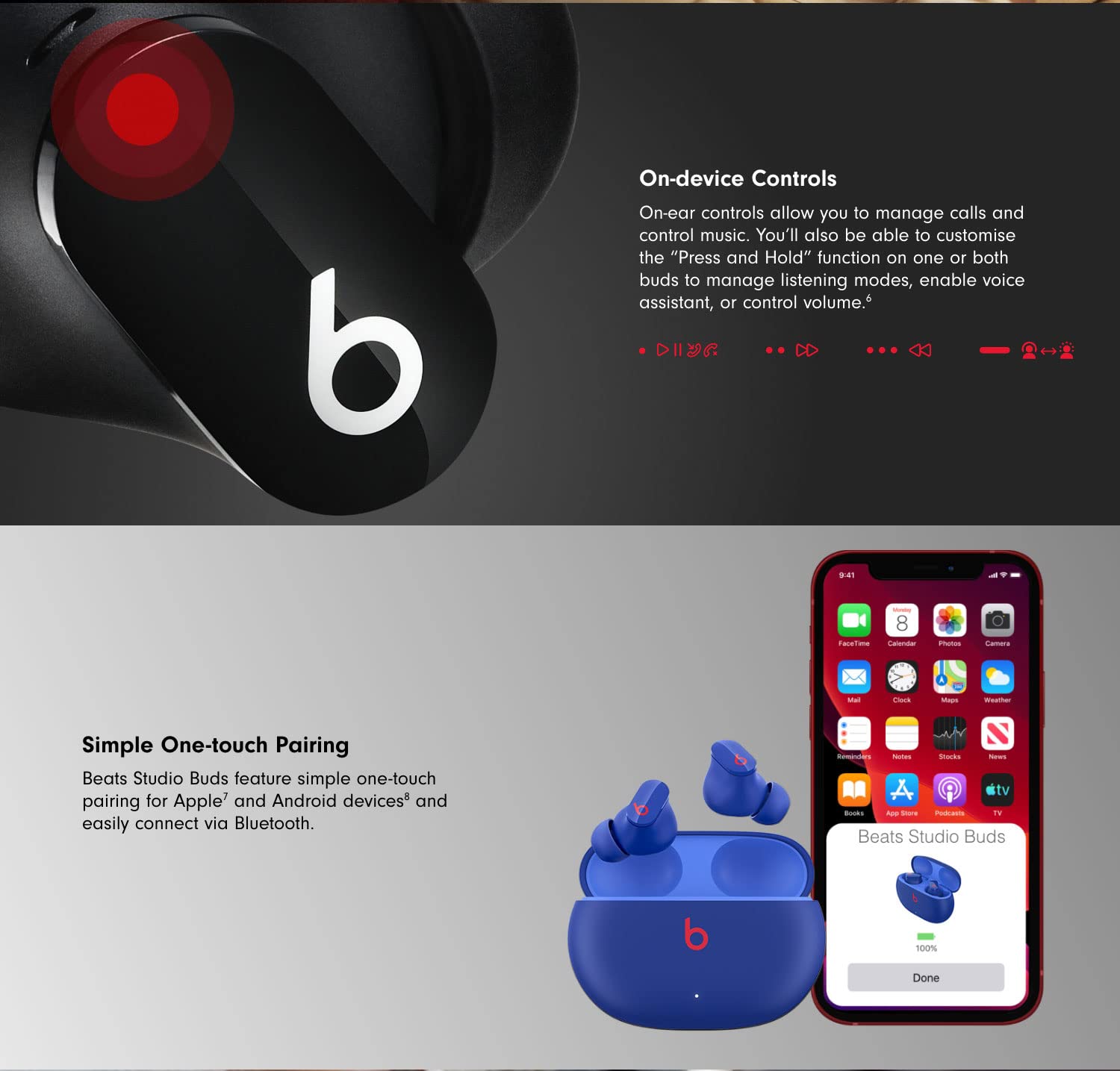 استفاده روزمره از Beats Studio Buds آبی با طراحی ارگونومیک و فیت ایمن.