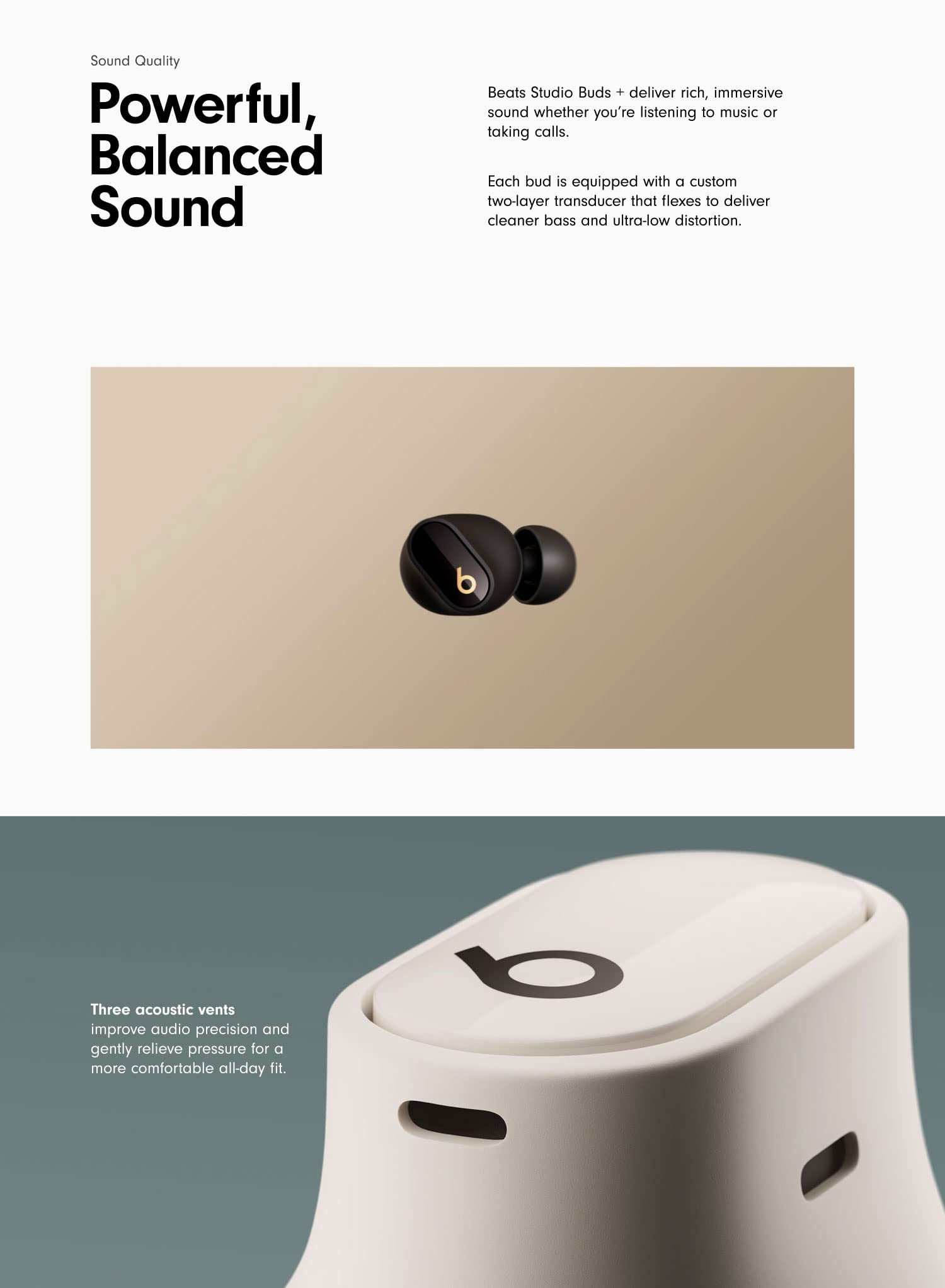 نمای نزدیک از ایرپاد مشکی Beats Studio Buds+ و کیس شارژ با درگاه شارژ