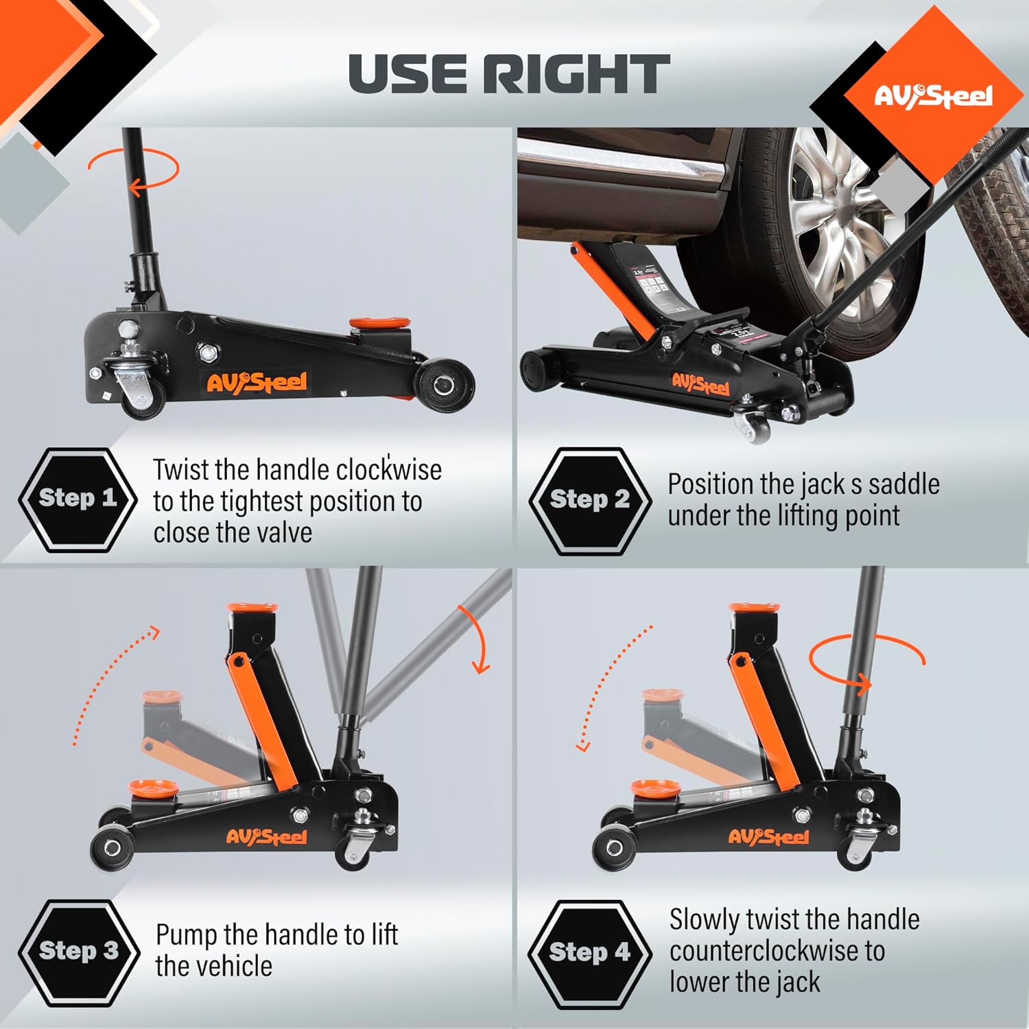 جک هیدرولیک AV Steel زیر خودرو با استپ‌های تنظیم ارتفاع برای بلند کردن ایمن خودرو