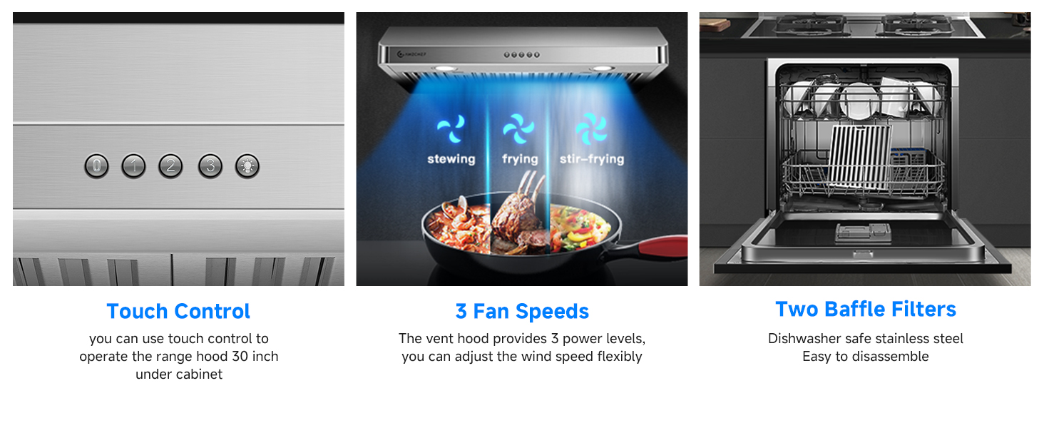 هود زیرکابینتی AMZCHEF استیل 30 اینچ با قدرت مکش 750CFM، کنترل دکمه‌ای و فیلتر بافل استیل
