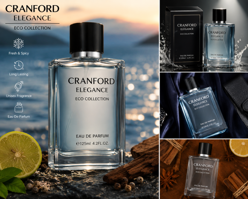 بطری و جعبه عطر کرانفورد الگانس اکو کالکشن با طراحی لوکس و حرفه‌ای.