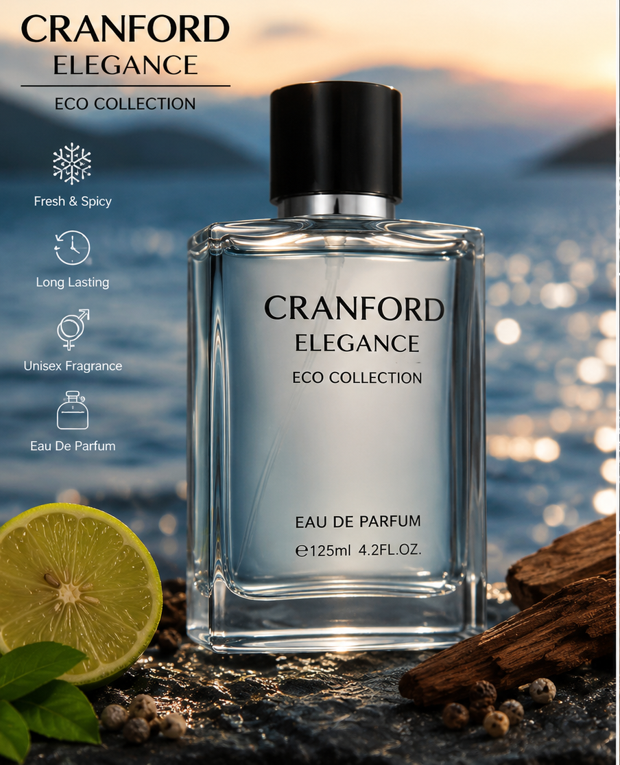 عطر ادوپرفیوم اکو کالکشن کرانفورد الگانس ۱۲۵ میلیلیتری با طراحی شیشهای لوکس و رایحه خنک و تند.