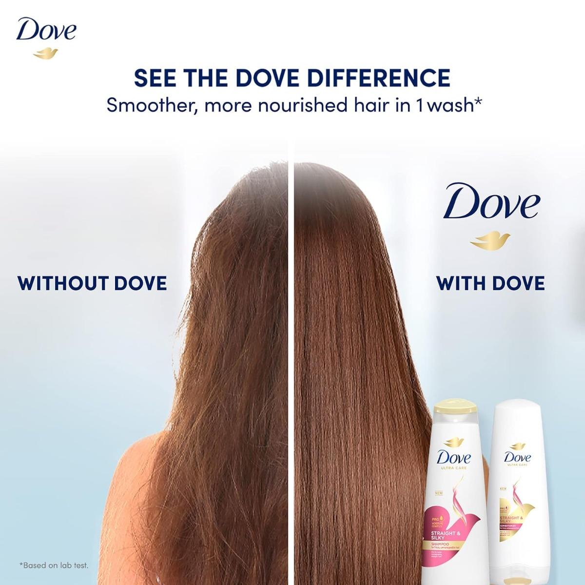 شامپو داو Ultra Care Straight & Silky در کنار موهای صاف و درخشان